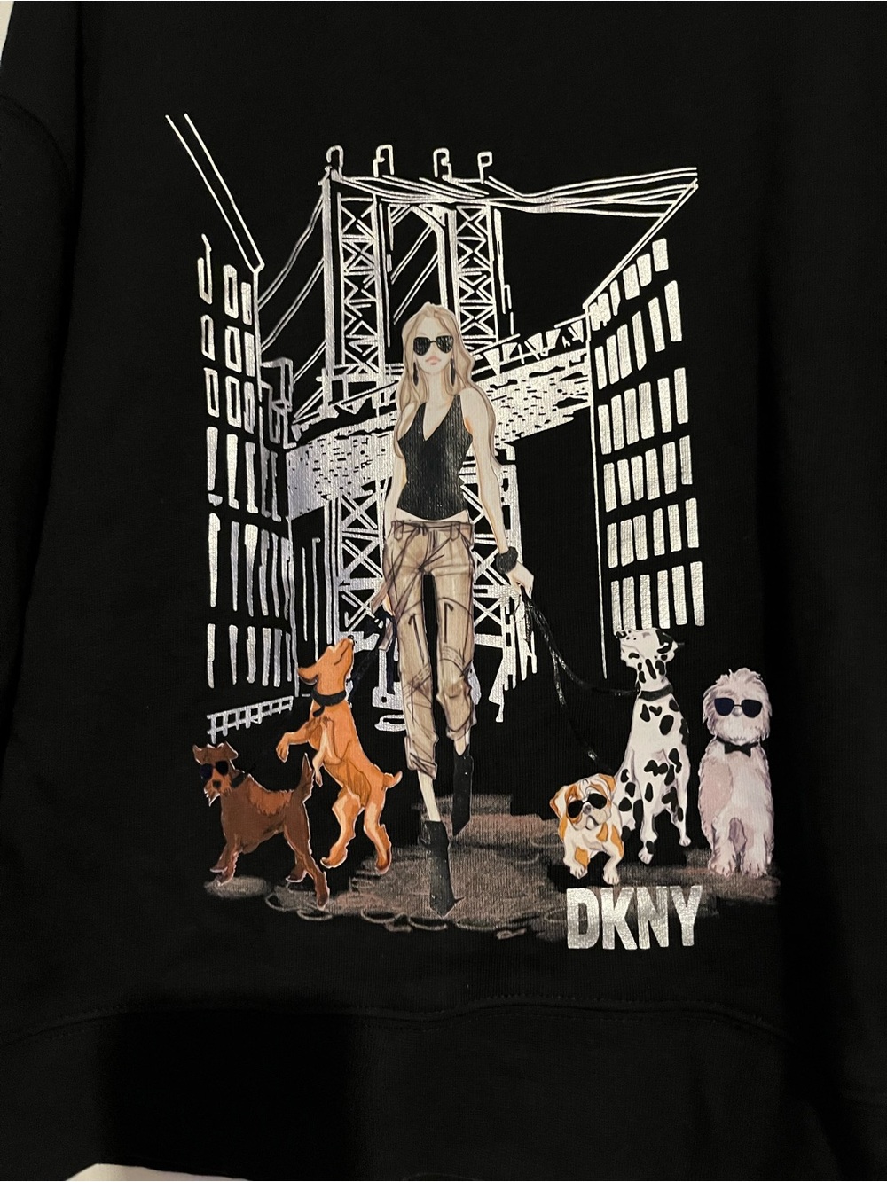 DKNY Black Graphic Dog Walkers Sweatshirt with Multicolor Illustration